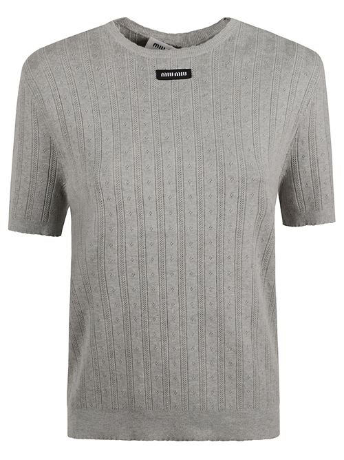 Maglia girgia di MIU MIU caratterizzata da ricami, logo frontale, maniche corte e girocollo. MIU MIU | MMLB4017OXF0031